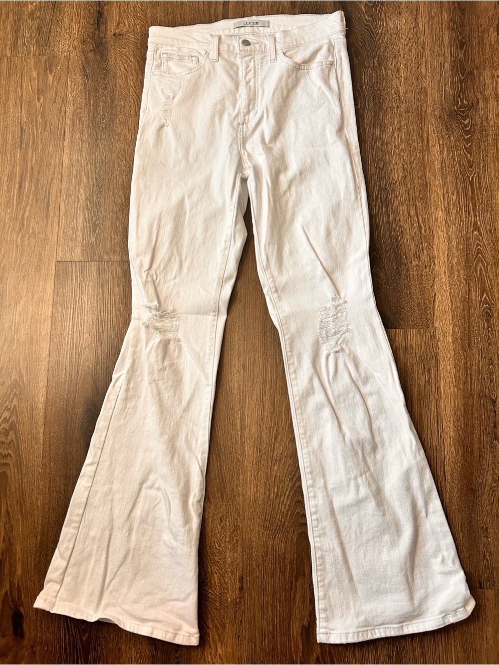 Joe’s Women’s 29 White High Rise Distressed Flared Jeans Stretch Inseam 34.5”